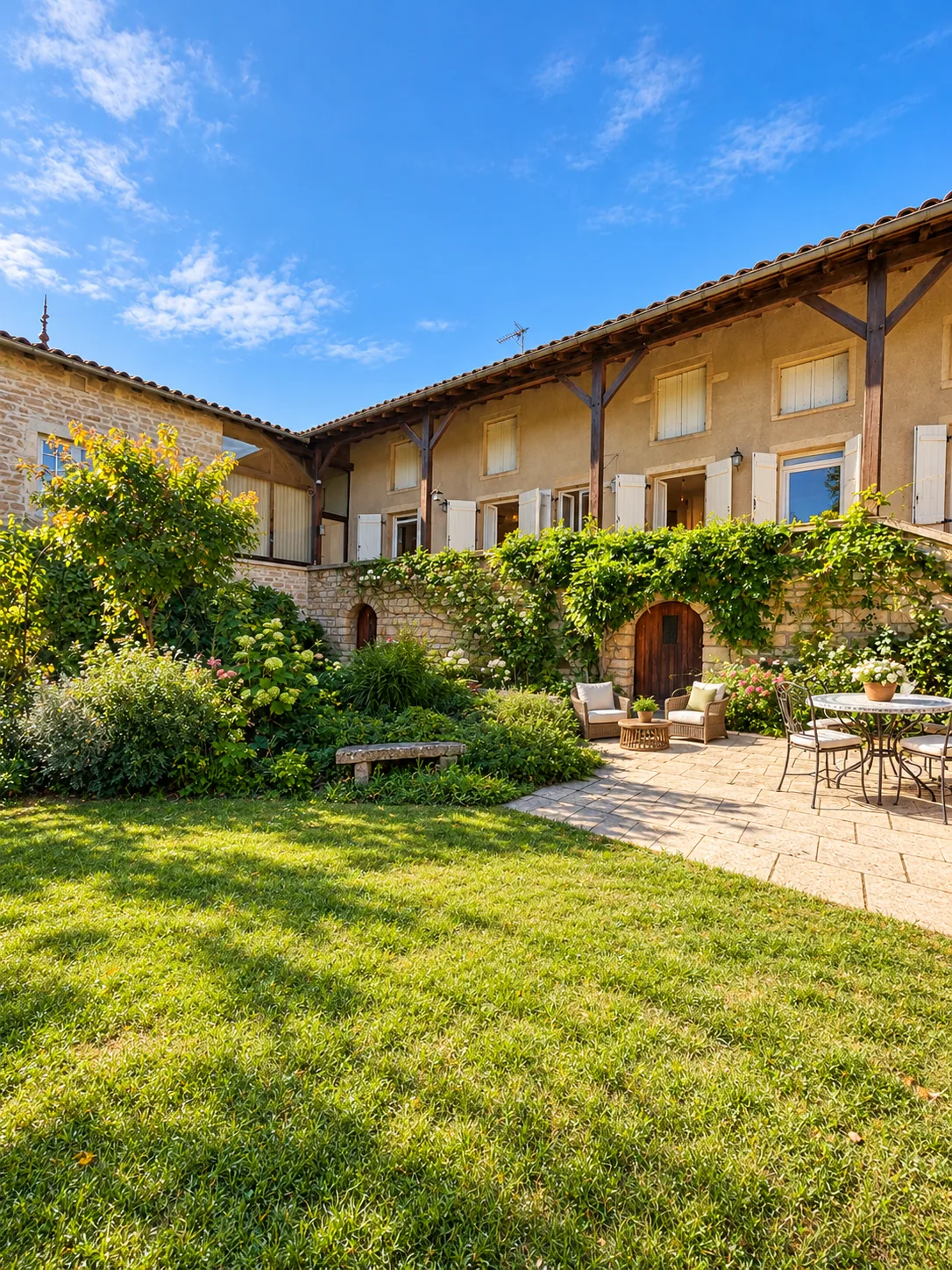 Le jardin, la terrasse et la façade de la maison sous la galerie en bois