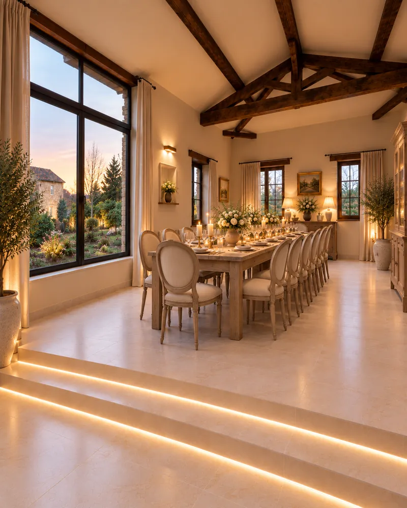 Le Pressoir, la salle de réception de 40 m², dressée pour un dîner (projection de l’aménagement)